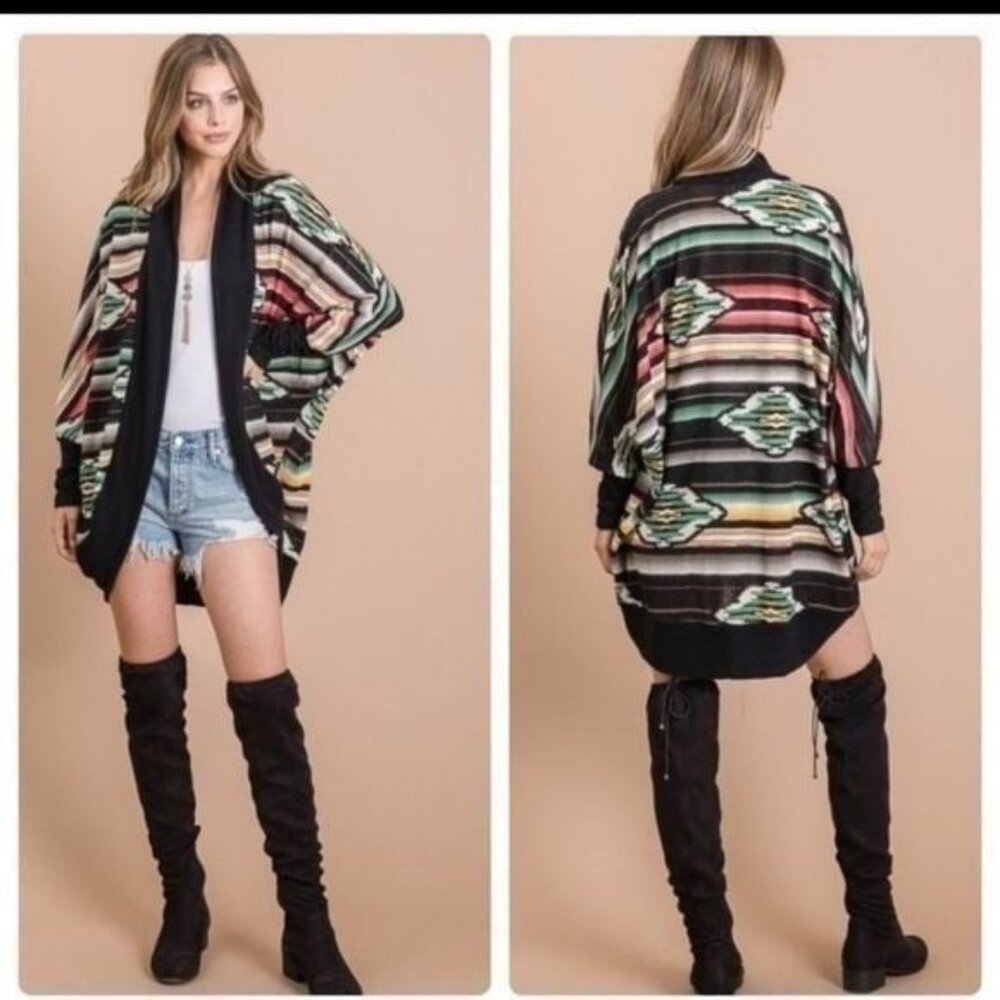 MULTICOLOR AZTEC PRINT OPEN CARDIGAN W/DOLMAN SLEEVES-NEW